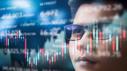 Close-up of businessman working in office, technical price chart and red and green candlestick chart indicator and computer screen background for stock trading, double exposure Traders analyze data.