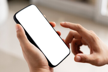 mockup copy space phone, man's hand holding smartphone with blank white copy screen for your advertising and message or information content.