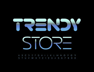 Vector stylish logo Trendy Store. Slim abstract Font. Blue metallic Alphabet Letters and Numbers set