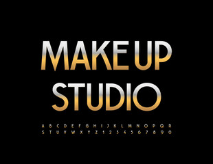 Vector glamour emblem Make Up Studio with stylish Golden Font. Chic Alphabet Letters and Numbers set.