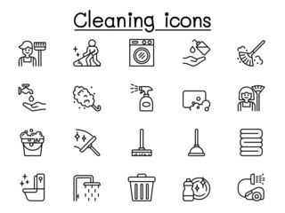 Cleaning icons set in thin line style