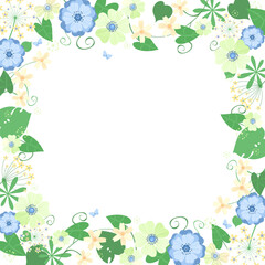 Exotic flowers, monstera leaves, philodendron, creepers, botany, flora, butterflies. Square floral frame, place for text. Vector illustration. Graphic design template.