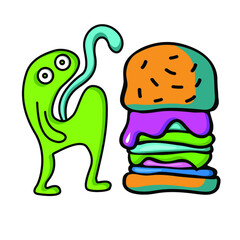  funny monster eating big hamburger vector illustration. Comic style print for t-shirt, poster, card, sticker, label, patch