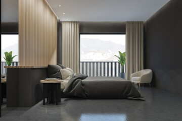 Side view on dark bedroom interior with bed, panoramic window