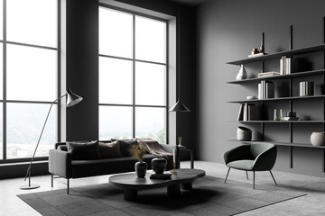 Dark relaxing room interior with couch and coffee table, shelf and window