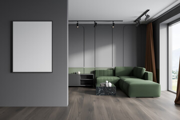 Dark living room interior with empty white poster, panoramic window