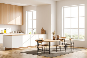 Stylish dining interior with table and seats, shelves and kitchenware, window