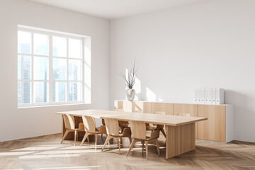 Light guest interior with seats, table and commode near panoramic window. Mockup