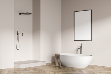 Naklejka na ściany i meble Modern bathroom interior with ceramic bathtub. White walls, hardwood flooring. Blank framed poster on wall. Mockup. 3d rendering.