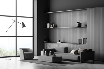 Wooden wall closet in villa living room design interior, modern furniture, concrete flooring, huge couch, armchair. Concept of relax. 3d rendering