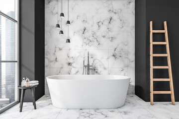 Naklejka na ściany i meble Modern bathroom interior with white ceramic bathtub. Marble tiled walls and flooring. Panoramic window. Ladder. No people. 3d rendering.