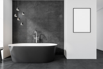 Naklejka na ściany i meble Modern bathroom interior with ceramic bathtub and white framed poster on wall. Tiled flooring. Panoramic window. No people. Mockup. 3d rendering.