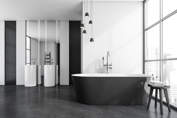 Fototapeta na wymiar Modern bathroom interior with gray ceramic bathtub and two white sinks. Grey tiled flooring. Panoramic window. No people. 3d rendering.
