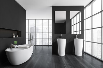 Fototapeta na wymiar Modern bathroom interior with ceramic bathtub and two white sinks. Hardwood flooring. Panoramic window. No people. 3d rendering.