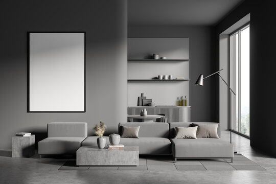 Copy space mockup wall with poster in villa living room, open space kitchen, design interior, modern furniture, concrete flooring, huge couch. Concept of relax. 3d rendering