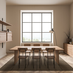 Bright dining room interior with table, six chairs, panoramic window