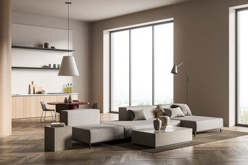Open space kitchen design interior in villa living room modern furniture, hardwood flooring, huge couch. Dining table. Panoramic window. Concept of relax. 3d rendering