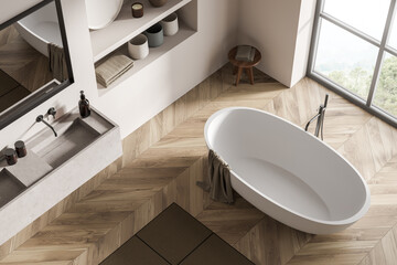 Modern bathroom interior with ceramic bathtub, double sink, mirror. White walls, hardwood flooring. Panoramic window. Top view. 3d rendering.