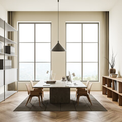 Bright office room interior with two desktops, panoramic window