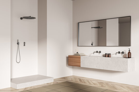 Modern bathroom interior with ceramic double sink, mirror, shower. White walls, hardwood flooring. 3d rendering.