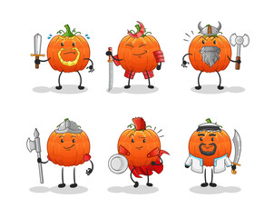 pumpkin warrior group character. cartoon mascot vector