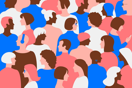 Flat graphic illustration of multi-ethnic groups living together like a jigsaw puzzle using only 5 colours. Design for presentation, article, business, education, creativity. Vector illustration.