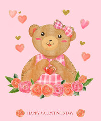 Valentine day greeting card with girl teddy bear show heart with roses. Pink lovely watercolor illustration with glitter gold effect for poster, postcard, gift, print with cute animal toy.