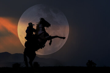 Cowboy silhouette on horseback with moon as background.