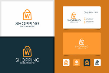 shopping bag design logo/ initials w and business card design template. premium vector
