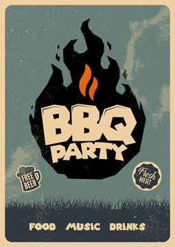 Barbecue party flyer or poster design template. BBQ event, retro typography.