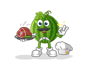 Obraz premium watermelon chef with meat mascot. cartoon vector