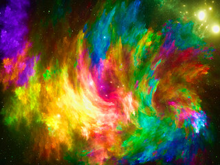 Bright space theme background - colorful strokes and stars - 3d illustration