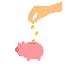 Piggy bank with gold coins in cartoon style. Vector illustration of money saving, economy, investment, banking concept. Profit, income, earnings, budget fund