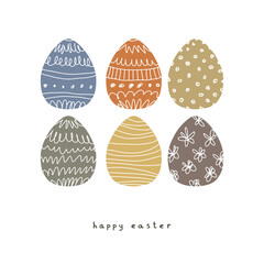 Cute Simple Easter Holidays Vector Illustration with Blue, Green, Brown and Gold Eggs on a White Background ideal for Card. Hand Drawn Eggs and Handwritten Happy Easter.