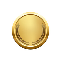 Gold medal with laurel wreath vector illustration. 3d realistic trophy badge of circle design, greeting anniversary or jubilee medallion, achievement champion isolated on white background.