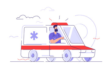 Vector outline illustration depicting paramedic driving an ambulance vehicle. Editable stroke © rikkyal
