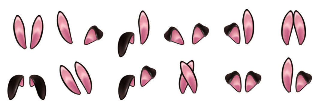 Black rabbit ears realistic 3d vector illustrations set. Easter bunny ears kid headband, mask collection. Hare costume pink cartoon element. Photo editor, booth, video chat app isolated cliparts