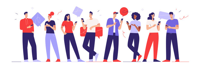 Vector illustration depicting a young people chatting using mobile phones. Editable stroke