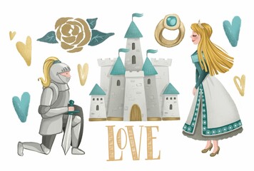 A set of digital illustrations on the theme of romance, Valentine's Day.