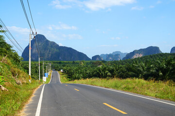 Fototapeta na wymiar Landscape nature road to Samet Nangshe Viewpoint is the fantastic limestone formations on the bay with green mangrove forest panoramic viewpoint in Phang Nga Bay in sunny day locate at Phang Nga