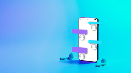 Online chat sms notification. Message conversation on smartphone screen. Instant messaging app on neon background.