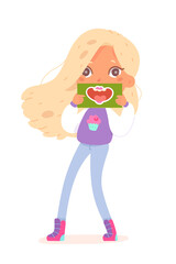 Cute kid learning organs, girl holding card with mouth and tongue, one of five senses