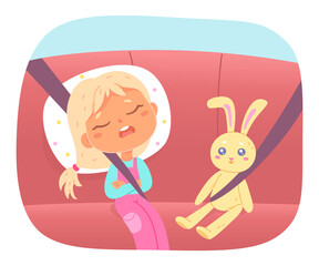 Cute kid sleeping during roadtrip, girl lying on pillow in backseat with seat belt