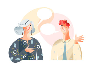 Dialogue of people with speech bubbles, young man thinking, talking with woman together