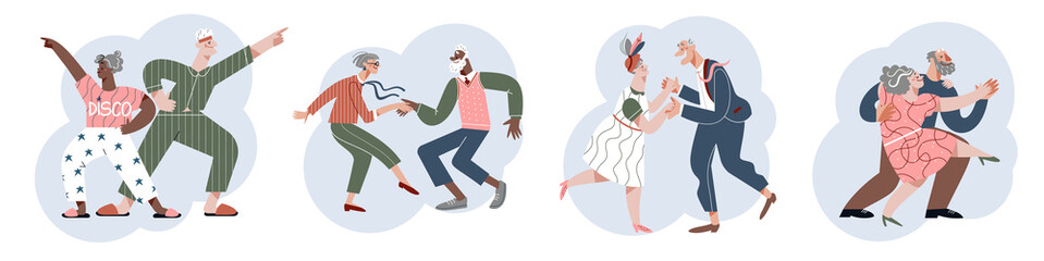 Fun dance of senior people set, elderly couple dancing to music, leisure of funny dancers
