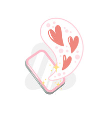 Vector illustration for Valentine day. Mobile phone with message and hearts on white background. Creative greeting card with hand-drawn decorative elements. Elegant feminine design.
