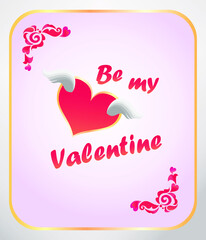 Greeting card for Valentine’s day with flying hot pink heart.  Be my valentine banner