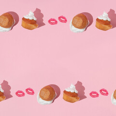 Valentines day creative pattern with muffins and kiss prints on pastel pink background. 80s or 90s retro fashion aesthetic love and kiss concept. Minimal romantic idea.