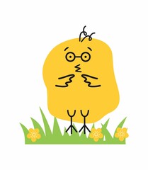 Easter cartoon chick on green grass. Easter poster vector image. Line art. 