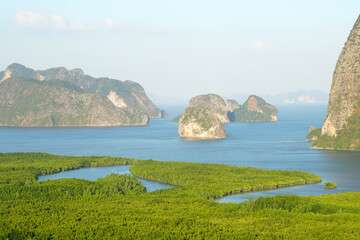 Landscape nature of Samet Nangshe Viewpoint is the fantastic limestone formations on the bay  with green mangrove forest panoramic viewpoint in Phang Nga Bay in sunny day locate at Phang Nga Thailand